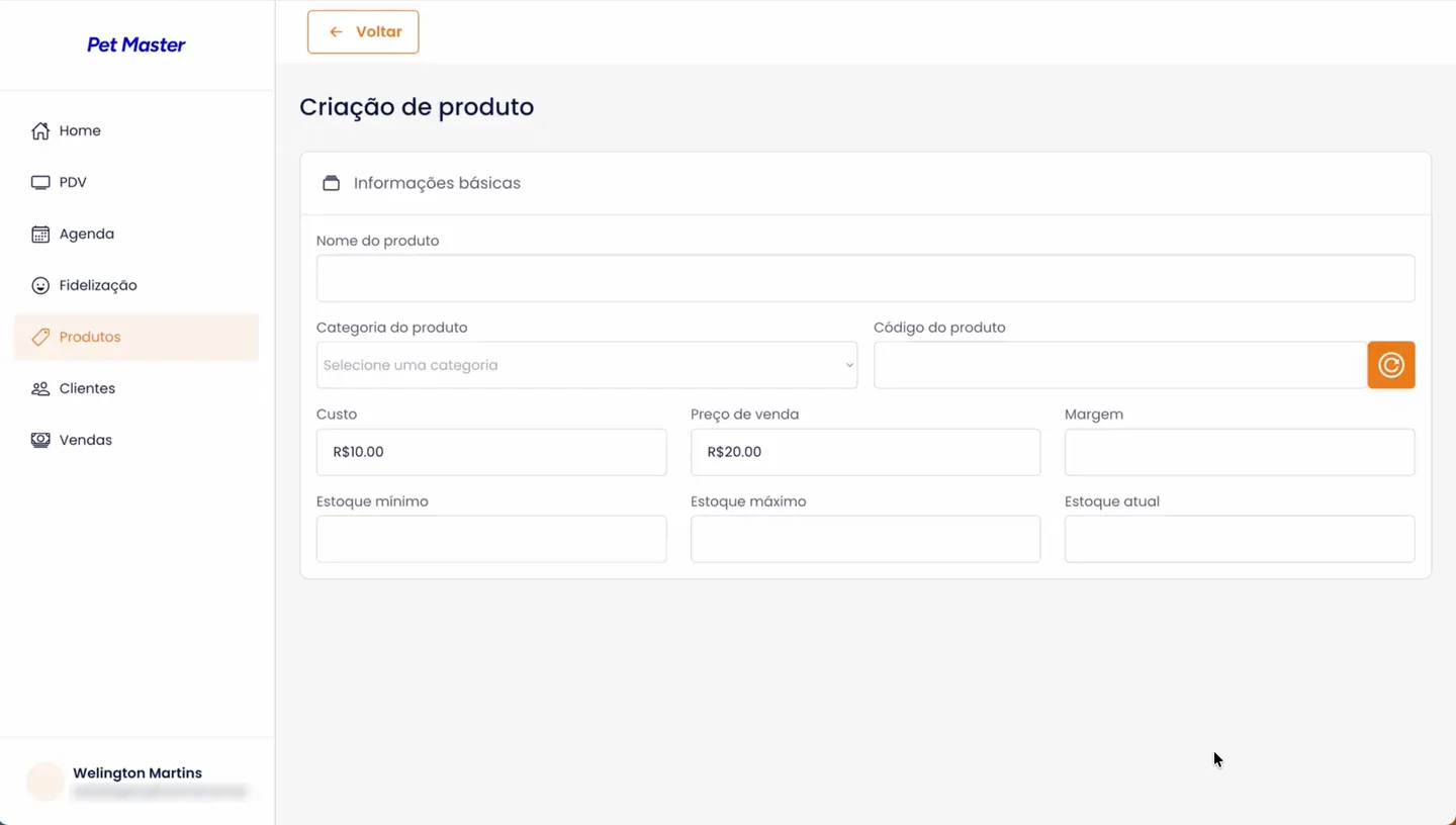 Tela de cadastro de produto da Pet Master, a primeira versão do sistema, com menu de Home, PDV, Agenda, Fidelização, Produtos, Clientes e Vendas